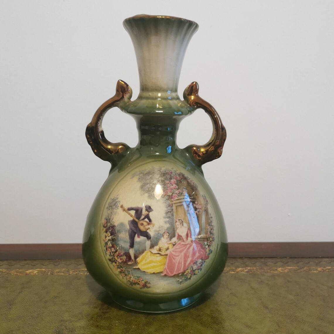 Vintage double handled vase.. Green And gold. French Inspired Etsy