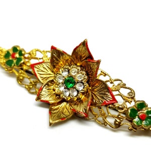 Vintage 70s floral brooch. Festive. Gold tone with green red colours. Retro. Christmas. image 2