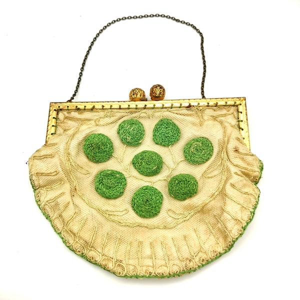 Antique Hand Embroidered Evening Bag. Flapper Handbag. Lace.