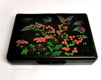 Vintage Black Oriental Trinket Vanity Table Box With Mirror. Floral.