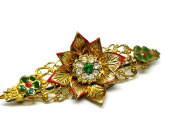 Vintage 70s floral brooch. Festive. Gold tone with green red colours. Retro. Christmas.