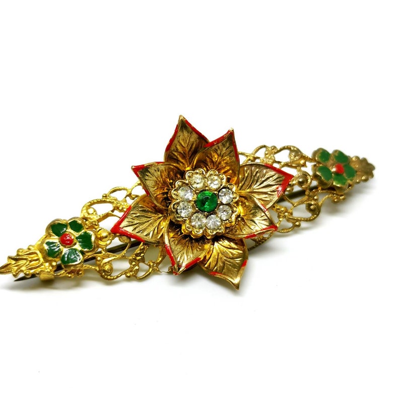 Vintage 70s floral brooch. Festive. Gold tone with green red colours. Retro. Christmas. image 1