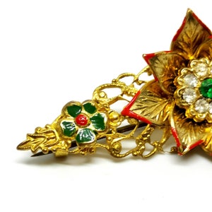 Vintage 70s floral brooch. Festive. Gold tone with green red colours. Retro. Christmas. image 4