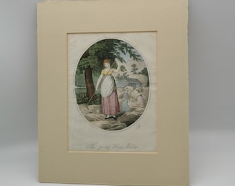 Antique Mounted Art Print Of The Pretty Haymaker. Edwardian art.