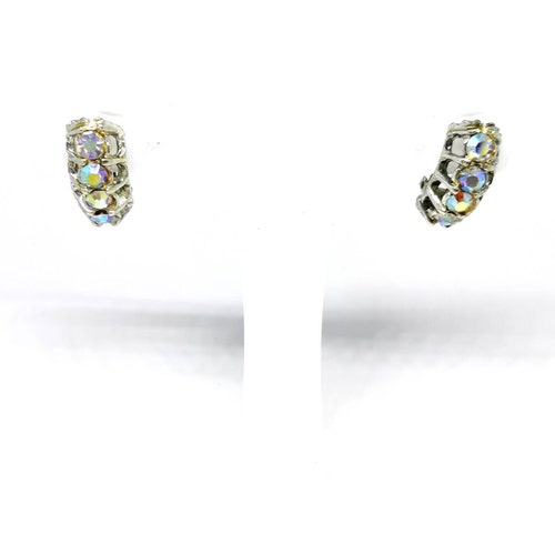 Vintage mid century clip on earrings. Aurora shops borealis rhinestones. Retro. Bling.