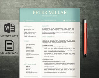 Puede incluir: Una plantilla de currículum profesional con un encabezado azul claro con el nombre Peter Millar, iconos de contacto y secciones de educación, habilidades, software, resumen y experiencia laboral. Un bolígrafo naranja se sitúa a la derecha.
