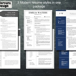 May include: Three different resume templates in a modern style. The first resume is for Kalvin Preston, the second is for Emilia Waters, and the third is for Fabien Walls. Each resume includes contact information, education, work experience, skills, and extra information.