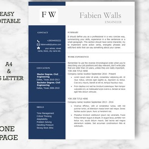 May include: A blue and white resume template with the name Fabien Walls and the title Engineer. The resume includes contact information, education, skills, and work experience.