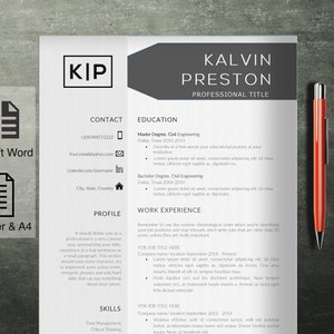 May include: A white resume template with a gray header. The header includes the name "Kalvin Preston" and the title "Professional Title". The resume includes sections for contact information, education, work experience, skills, and a profile section.
