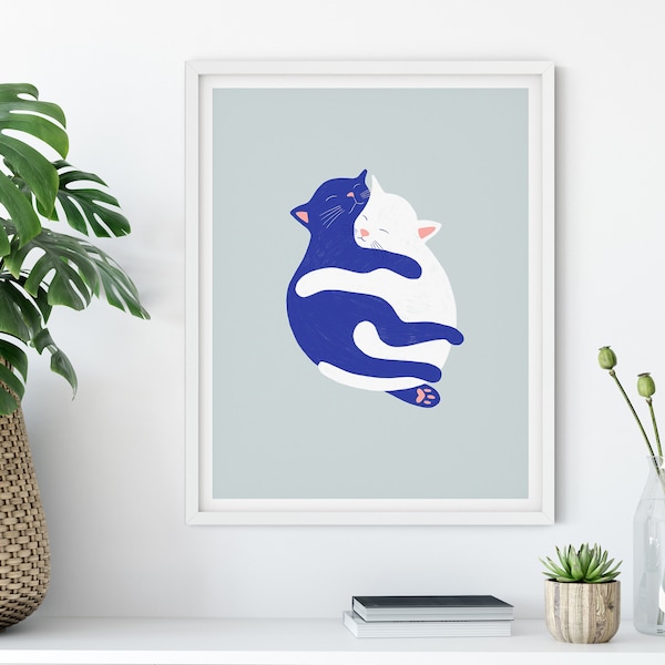 Gato amor / minimalista / plano / ilustración / decoración del hogar / impresión de arte / arte de la pared / cartel / gato / felino / abrazo / amor / gráfico
