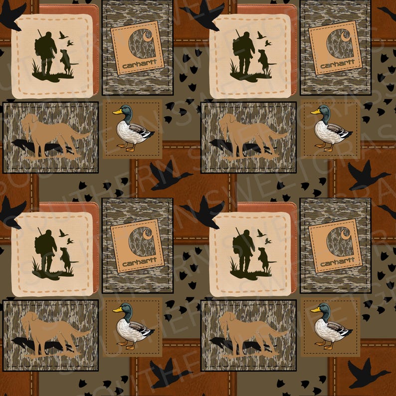 May include: A repeating pattern featuring hunting and outdoor themes. The design includes silhouettes of hunters with dogs, ducks, and the Carhartt logo. The background is a patchwork of brown and camouflage squares, with black duck silhouettes.