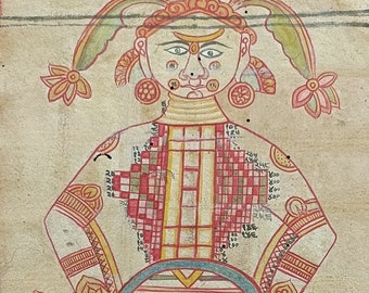 神々に崇拝されるインドラクシ…インドのヴィンテージ絵画の現代的な