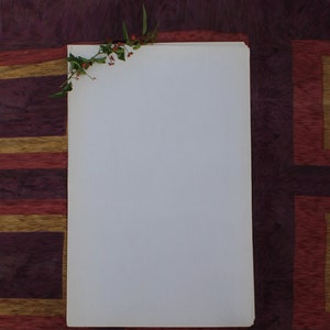 May include: A stack of white paper with a small sprig of green leaves and red berries in the upper left corner. The paper is on a background of purple, red, and gold fabric.