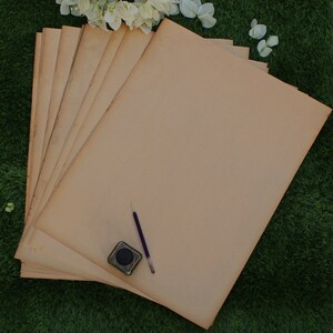 Op de afbeelding: Een stapel blanco, bruine vellen papier met een zwart inktpotje en een pen op de bovenkant. Het papier ligt op een groene grasmat.