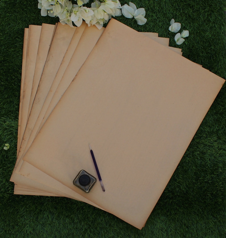 Op de afbeelding: Een stapel blanco, bruine vellen papier met een zwart inktpotje en een pen op de bovenkant. Het papier ligt op een groene grasmat.