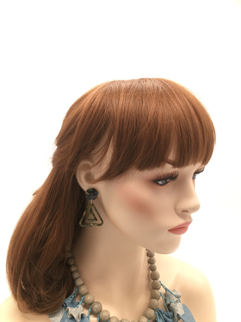 Extra Large Lightweight Peacock Blue Green Triangle Dangle Titanium Earrings Silver 925 Statement Acrylic Charms