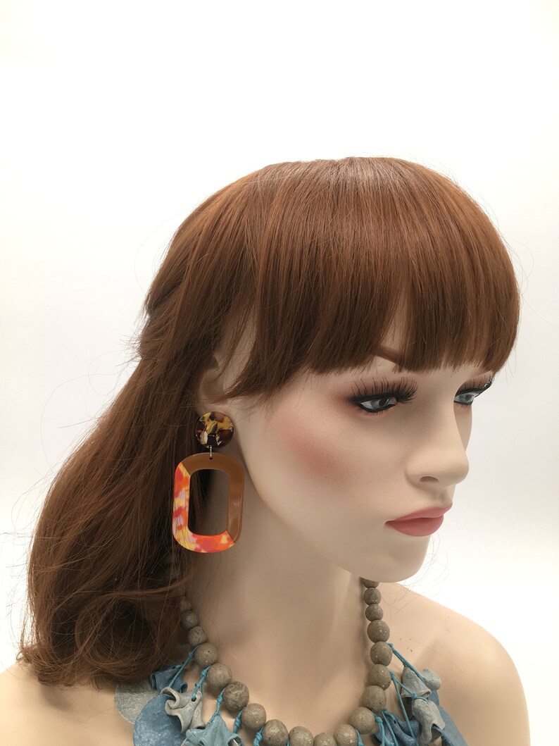 Extra Large Lightweight Two Colors Multicolor And Brown Oval Hoop Dangle 75mm Titanium Earrings Silver 925 Statement Acrylic Charms