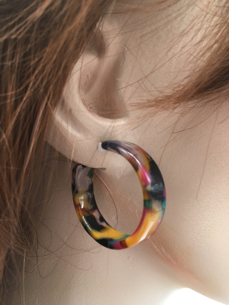 Sterling Silver Gold Chic Medium Multicolor Green Red Orange C-Shape Stud Hoop 28mm Simple Geometric Titanium Earrings Pendants