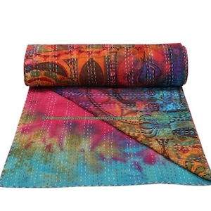 Indian Bohemian Multi Tye Dye Kantha Bed Spread Hippie Cotton Comforter Bed Cover Ethnic Queen Patchwork Printed Blanket