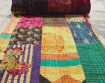Kantha Quilt Cotton Handmade Patchwork Vintage King/ Twin Size Hippie Bedding Bedspread Indian Bohemian Blanket Kantha bed Coverlet Throw
