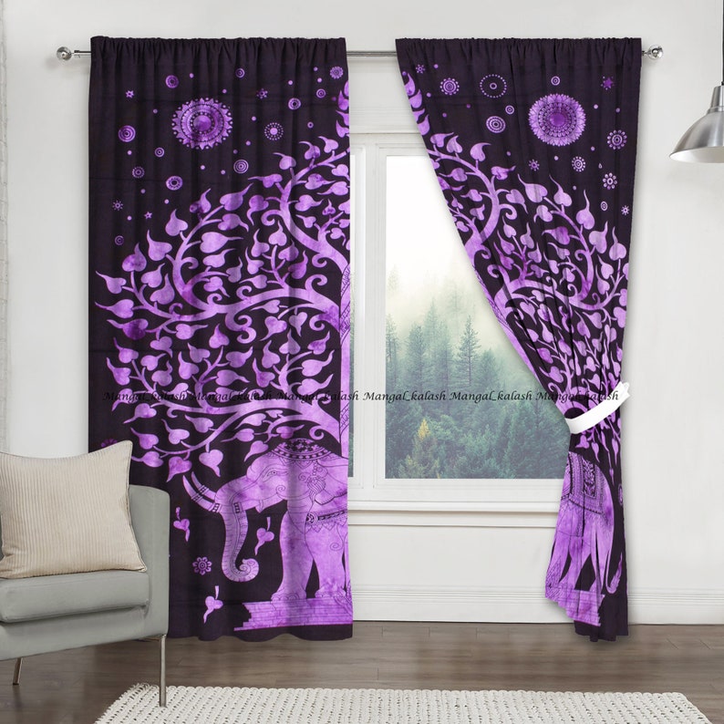 Indian cotton elephant mandala window door curtain handmade boho bohemian living room treatment tapestry drapes wall hanging set home decor