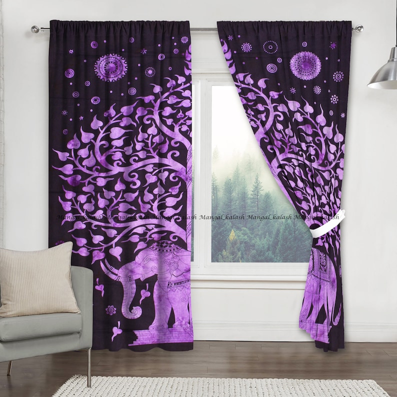 Indian cotton elephant mandala window door curtain handmade boho bohemian living room treatment tapestry drapes wall hanging set home decor