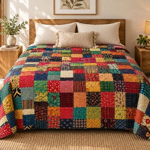 Handmade Indian Patchwork Kantha Quilt, Reversible Cotton Bedspread Blanket