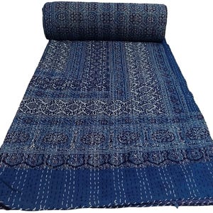 Hand Block Bohemian Ajrak Kantha Quilt Cotton Vintage Indian Handmade Bedding Bedspread Twin Size Blanket Kantha Bed Cover