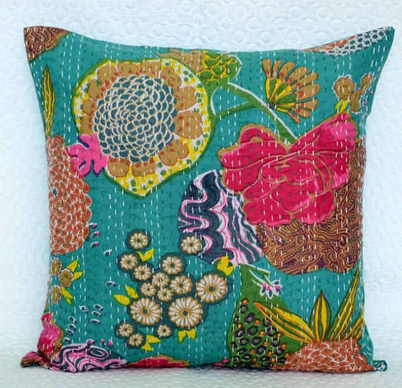 Handgefertigter Kantha Kissenbezug Aus Indien – 40x40 Cm, 100% Baumwolle, Mit Zipper, Boho-Stil