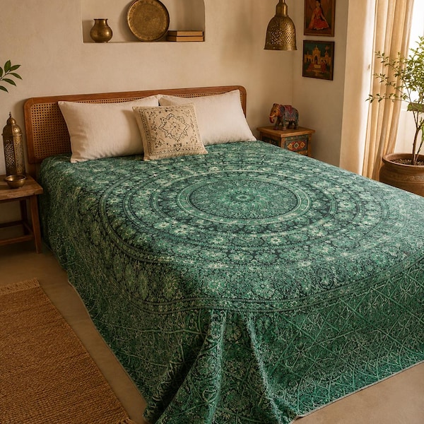 Tapiz Mandala de Elefante: Colcha de algodón estilo boho, tapiz de pared.