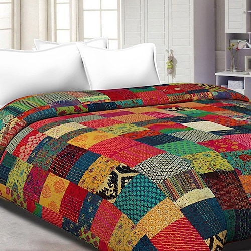 Handmade Red Paisley Print Bedding Blanket Reversible Bed Cover Quilt Cotton Bedspread Quilt Kantha Twin Size Coverlets Decorative Comforter
