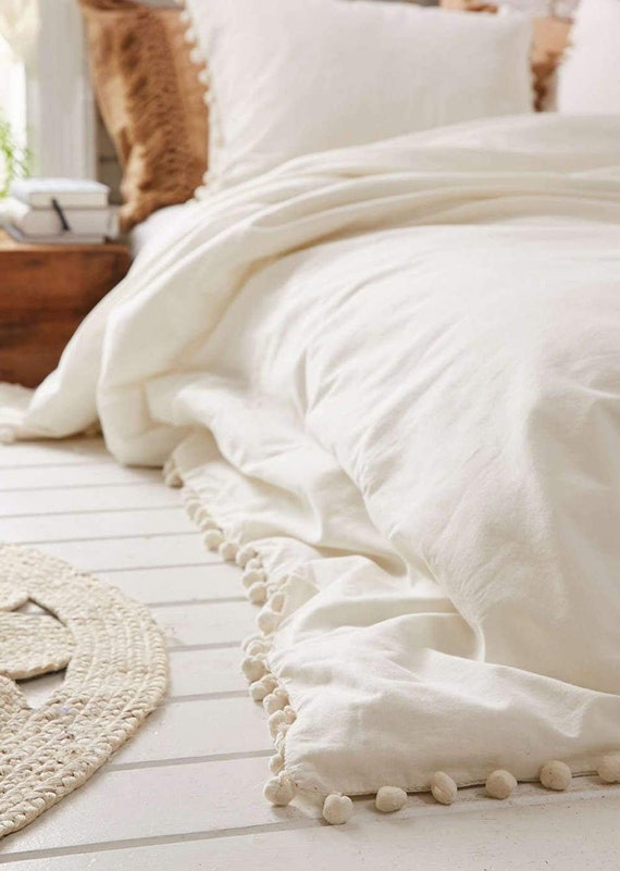 Indian New Off White Pompom 100 Cotton Duvet Doona Cover Etsy