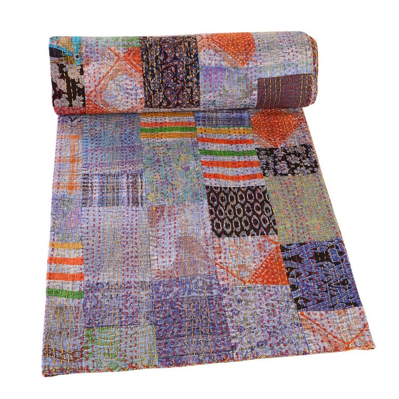 Cotton Multi Patchwork Kantha Quilt Handmade Indian Vintage Bedding Bedspread Bohemian Blanket Kantha Coverlet Home Decor