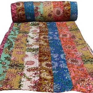 Indian Bohemian Handmade Cotton Multi Strip Patch Kantha Quilt hippie Bedcover HandBlock Bedspread Vintage Throw Blanket Queen Size Bedding