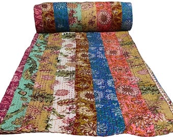 Courtepointe kantha en patchwork faite main : couvre-lit bohème en coton, grand lit