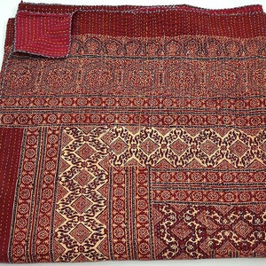 Indian Handmade Cotton Blanket Kantha Bed Cover Bedding Bedspread Hand Block Ajrak Kantha Quilt Twin / Single Size Vintage Throw