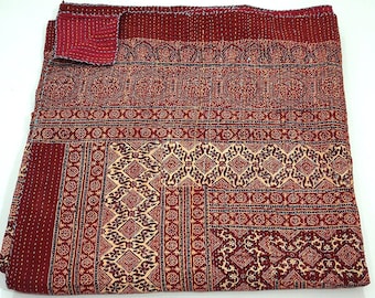 Indian Handmade Cotton Blanket Kantha Bed Cover Bedding Bedspread Hand Block Ajrak Kantha Quilt Twin / Single Size Vintage Throw