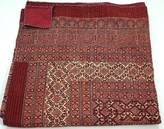 Handmade Indian Kantha Quilt, Ajrak Block Print Bedspread, Cotton Boho Blanket, Reversible Quilt, Indian Bedding, Hand Stitched Throw