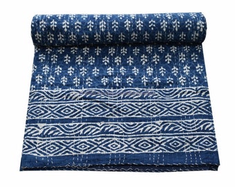 Indian Cotton Handmade Blue Indigo Kantha Quilt Hand Block Bedding Bedspread King Size Kantha Bed Cover Vintage Throw Blanket