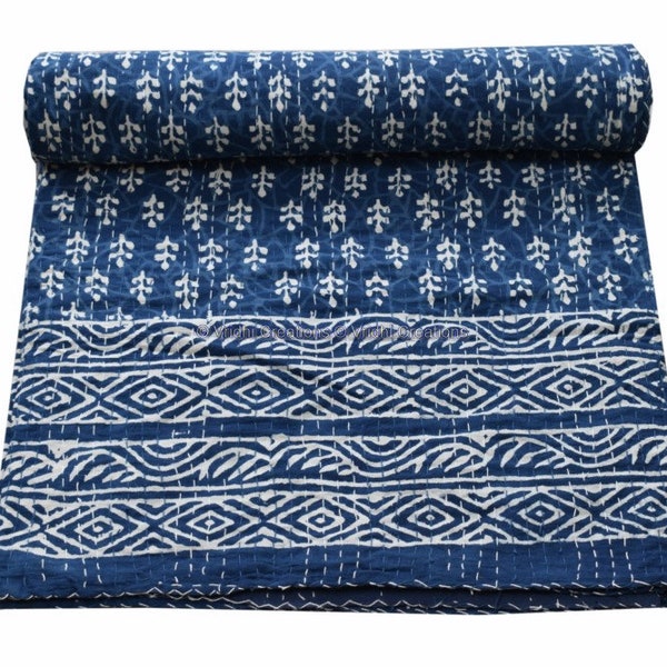 Handmade kantha bedspread quilt coverlet queen Indian Cotton Handmade Blue Indigo Kantha Quilt Hand Block Bedding Bedspread King Size Kantha