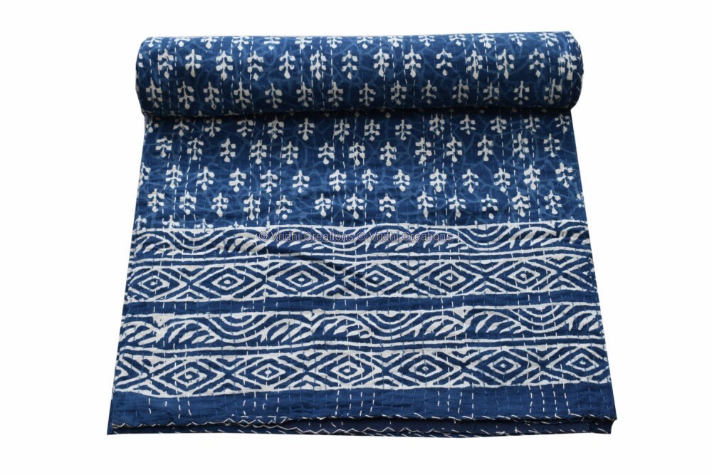 Indian Cotton Handmade Blue Indigo Kantha Quilt Hand Block Bedding Be…