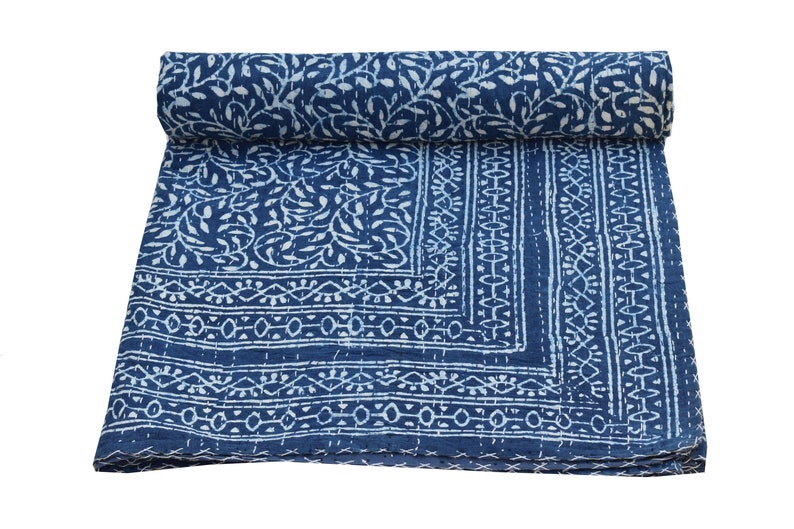 Indian Hand Block Printed Cotton Kantha Quilt 90x108 Inches