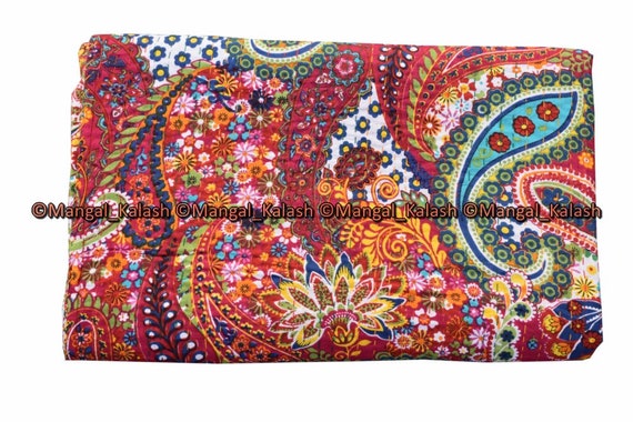 Indian cotton vintage handmade paisley kantha quilt hobo bohemian bedding bedspread hippie blanket bed cover gudari