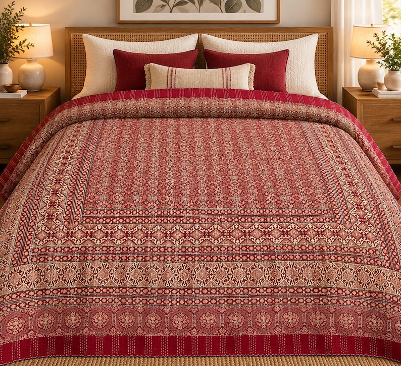 Puede incluir: Una colcha con estampado en rojo y crema que presenta un dise&ntilde;o central de bloques con bordes geom&eacute;tricos y florales intrincados. La colcha cubre una cama con dos almohadas grandes en crema, dos almohadas rectangulares en rojo oscuro y un coj&iacute;n.