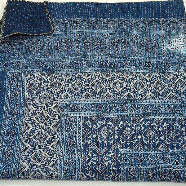 Bloc de main Ajrak Kantha couette coton vintage indien fait main literie couvre-lit double couverture Kantha couvre-lit