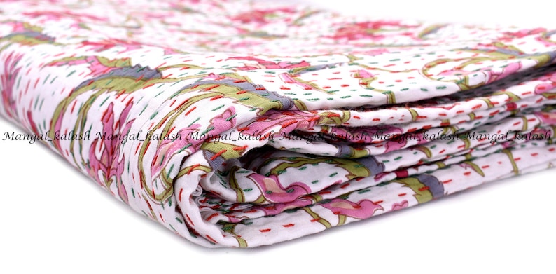 Indian handmade cotton new leaf fab india kantha quilt bedding bedspread hippie boho bohemian bed cover blanket queen size gudari throw