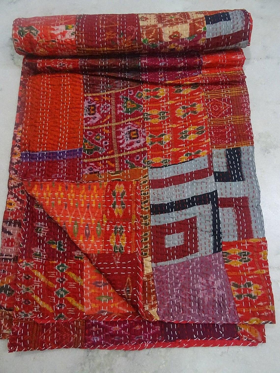 Sophia-Art Twin/King Indian Silk Sari Kantha sprei dekbedovertrek etnische plaids gewatteerde patchwork Indiase dekbedovertrek oude Boheemse vintage