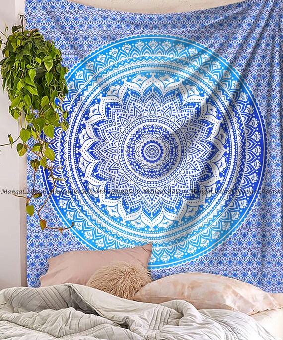 Blue Gold Ombre Mandala Indian Throw King Size Tapestries Wall Hanging Bedspread Blue Gold Ombre Mandala Indian Throw King Size Tapestries Wall Hanging Bedspread