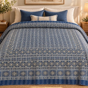 Edredón Kantha de algodón Ajrak, colcha de patchwork india hecha a mano, ropa de cama bohemia