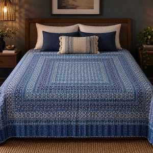 May include: A blue and white cotton quilt featuring a complex geometric pattern with concentric square borders. The quilt is draped over a bed, showcasing intricate block-printed motifs in various shades of indigo and white across the fabric.